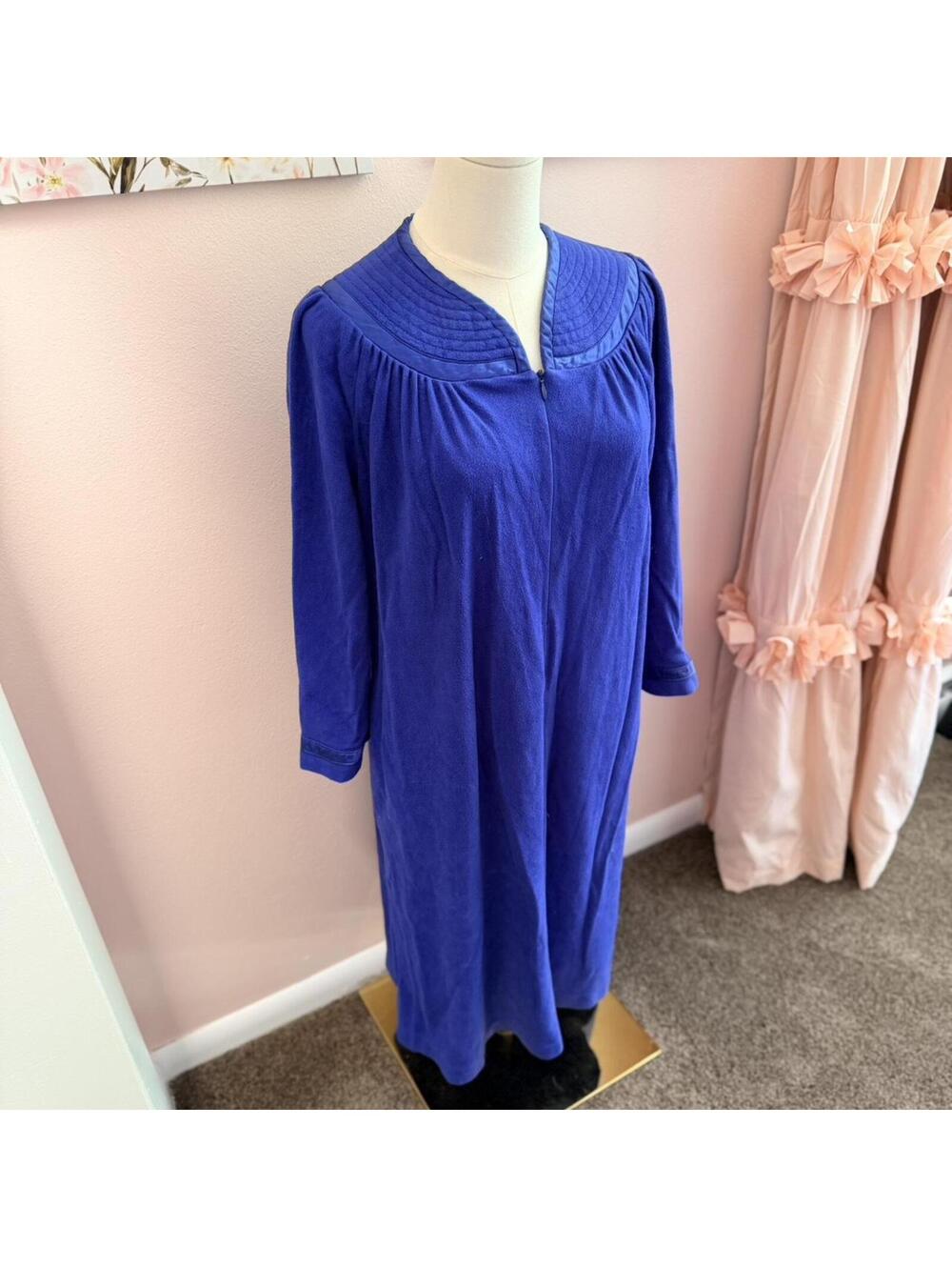 Vintage cobalt blue fleece lounge dress / house dress made in USA